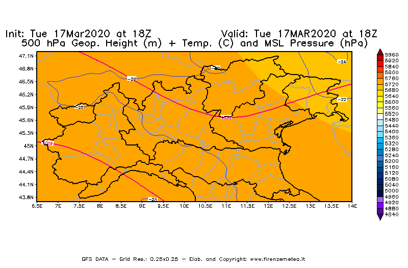 Mappa di analisi GFS - Geopotenziale [m] + Temp. [°C] a 500 hPa + Press. a livello del mare [hPa] in Nord-Italia
							del 17/03/2020 18 <!--googleoff: index-->UTC<!--googleon: index-->