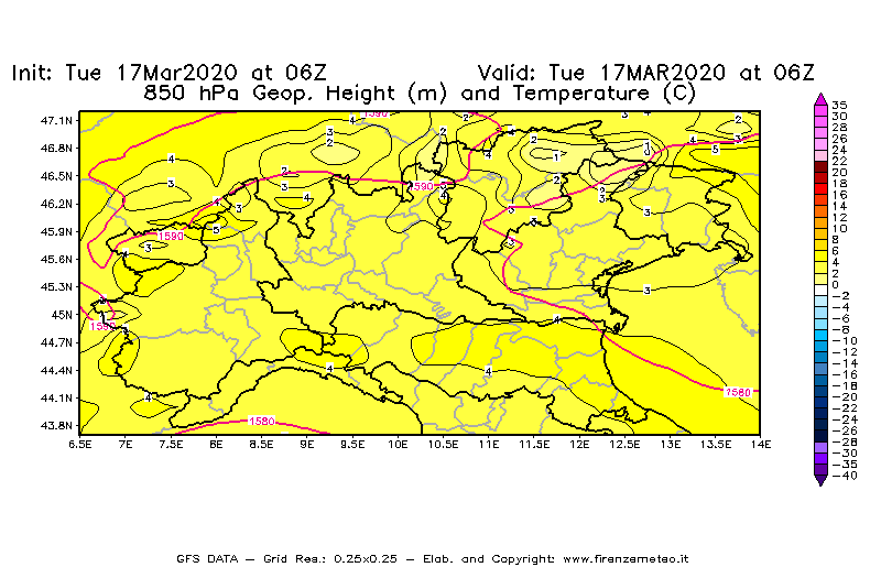 Mappa di analisi GFS - Geopotenziale [m] e Temperatura [°C] a 850 hPa in Nord-Italia
							del 17/03/2020 06 <!--googleoff: index-->UTC<!--googleon: index-->