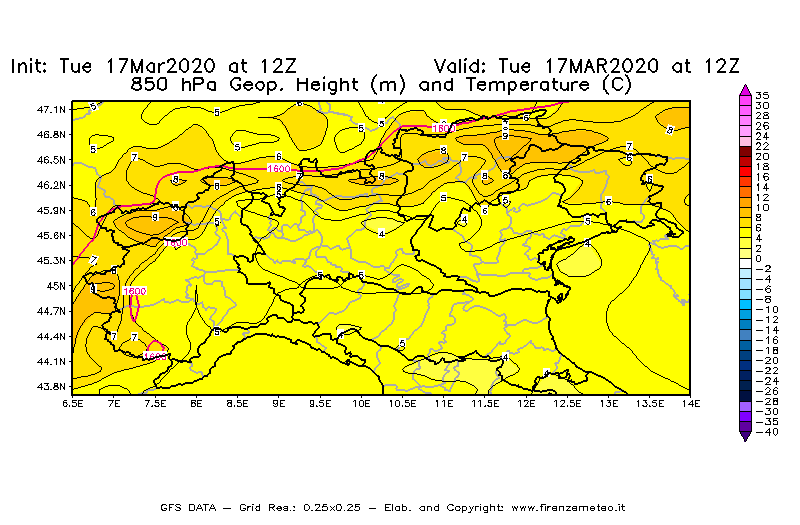 Mappa di analisi GFS - Geopotenziale [m] e Temperatura [°C] a 850 hPa in Nord-Italia
							del 17/03/2020 12 <!--googleoff: index-->UTC<!--googleon: index-->