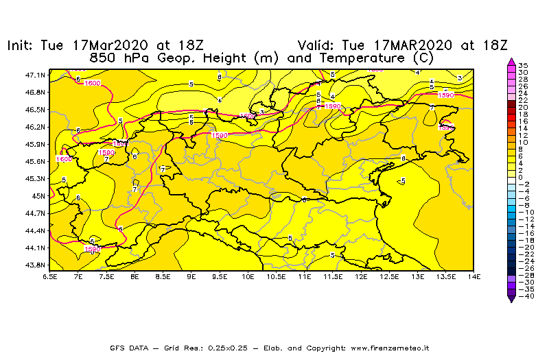 Mappa di analisi GFS - Geopotenziale [m] e Temperatura [°C] a 850 hPa in Nord-Italia
							del 17/03/2020 18 <!--googleoff: index-->UTC<!--googleon: index-->