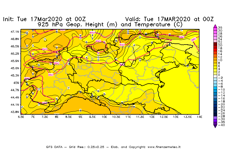 Mappa di analisi GFS - Geopotenziale [m] e Temperatura [°C] a 925 hPa in Nord-Italia
							del 17/03/2020 00 <!--googleoff: index-->UTC<!--googleon: index-->