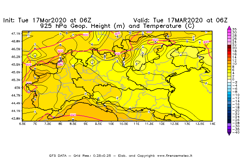 Mappa di analisi GFS - Geopotenziale [m] e Temperatura [°C] a 925 hPa in Nord-Italia
							del 17/03/2020 06 <!--googleoff: index-->UTC<!--googleon: index-->