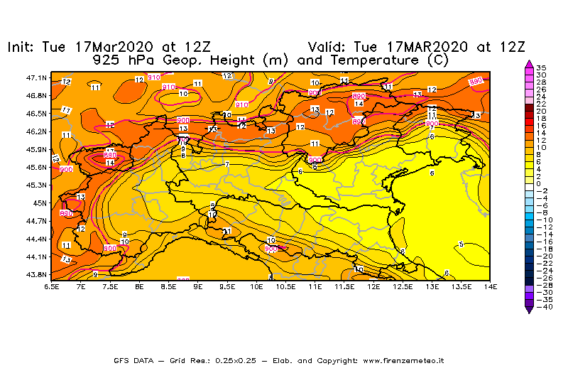 Mappa di analisi GFS - Geopotenziale [m] e Temperatura [°C] a 925 hPa in Nord-Italia
							del 17/03/2020 12 <!--googleoff: index-->UTC<!--googleon: index-->