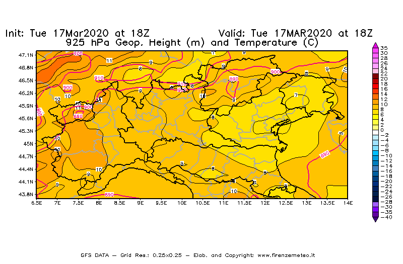 Mappa di analisi GFS - Geopotenziale [m] e Temperatura [°C] a 925 hPa in Nord-Italia
							del 17/03/2020 18 <!--googleoff: index-->UTC<!--googleon: index-->