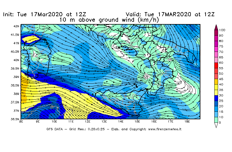 Mappa di analisi GFS - Velocità del vento a 10 metri dal suolo [km/h] in Sud-Italia
							del 17/03/2020 12 <!--googleoff: index-->UTC<!--googleon: index-->