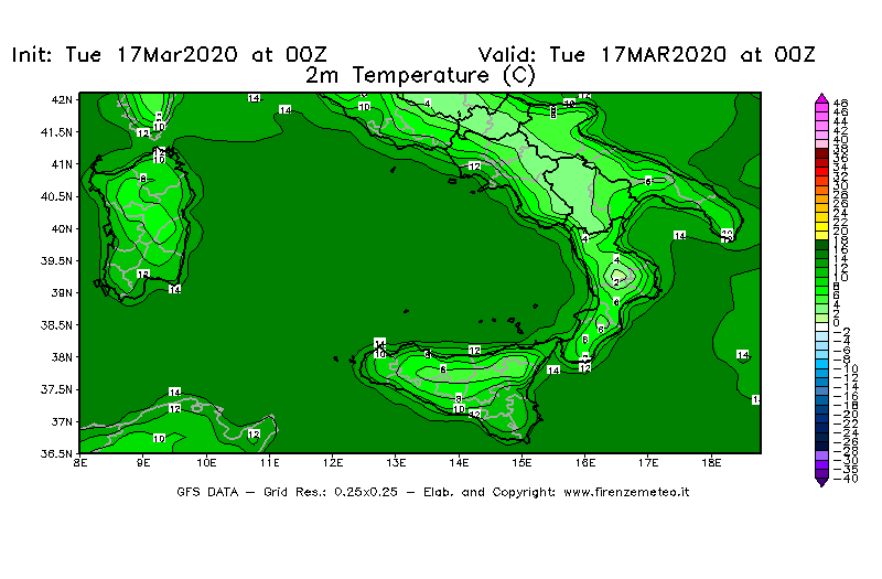 Mappa di analisi GFS - Temperatura a 2 metri dal suolo [°C] in Sud-Italia
							del 17/03/2020 00 <!--googleoff: index-->UTC<!--googleon: index-->