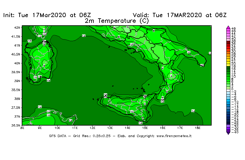 Mappa di analisi GFS - Temperatura a 2 metri dal suolo [°C] in Sud-Italia
							del 17/03/2020 06 <!--googleoff: index-->UTC<!--googleon: index-->