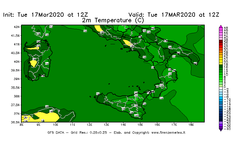 Mappa di analisi GFS - Temperatura a 2 metri dal suolo [°C] in Sud-Italia
							del 17/03/2020 12 <!--googleoff: index-->UTC<!--googleon: index-->