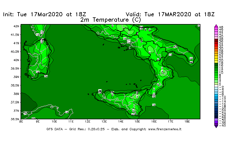Mappa di analisi GFS - Temperatura a 2 metri dal suolo [°C] in Sud-Italia
							del 17/03/2020 18 <!--googleoff: index-->UTC<!--googleon: index-->