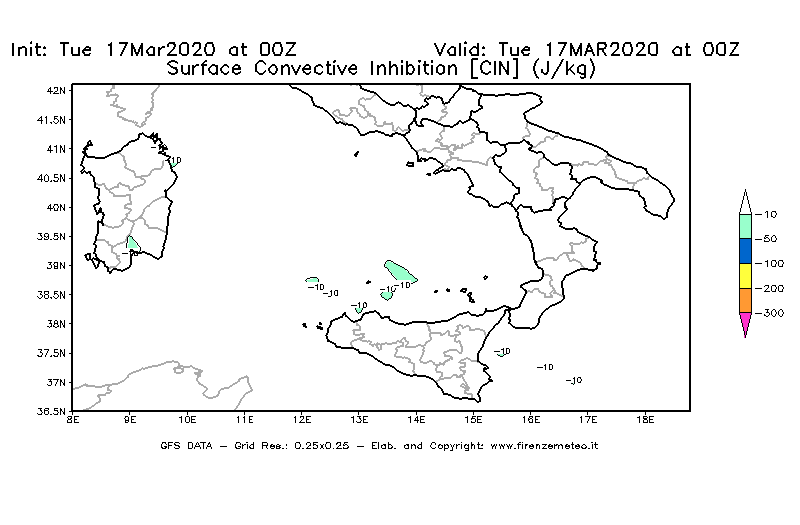 Mappa di analisi GFS - CIN [J/kg] in Sud-Italia
							del 17/03/2020 00 <!--googleoff: index-->UTC<!--googleon: index-->