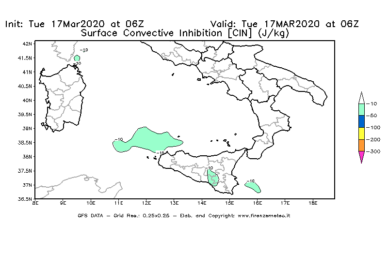 Mappa di analisi GFS - CIN [J/kg] in Sud-Italia
							del 17/03/2020 06 <!--googleoff: index-->UTC<!--googleon: index-->