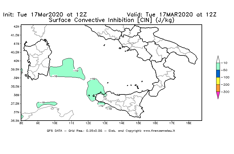 Mappa di analisi GFS - CIN [J/kg] in Sud-Italia
							del 17/03/2020 12 <!--googleoff: index-->UTC<!--googleon: index-->