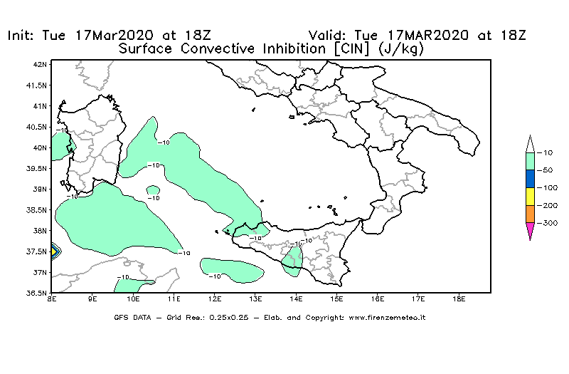 Mappa di analisi GFS - CIN [J/kg] in Sud-Italia
							del 17/03/2020 18 <!--googleoff: index-->UTC<!--googleon: index-->