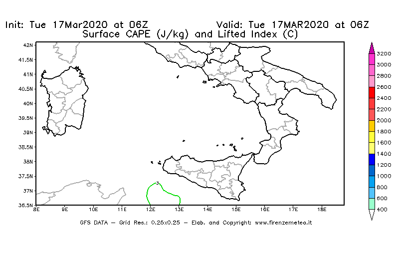 Mappa di analisi GFS - CAPE [J/kg] e Lifted Index [°C] in Sud-Italia
							del 17/03/2020 06 <!--googleoff: index-->UTC<!--googleon: index-->