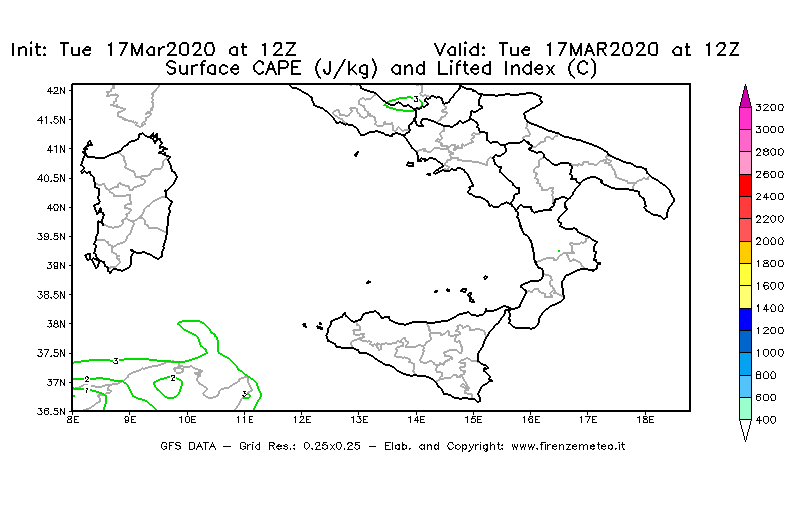 Mappa di analisi GFS - CAPE [J/kg] e Lifted Index [°C] in Sud-Italia
							del 17/03/2020 12 <!--googleoff: index-->UTC<!--googleon: index-->