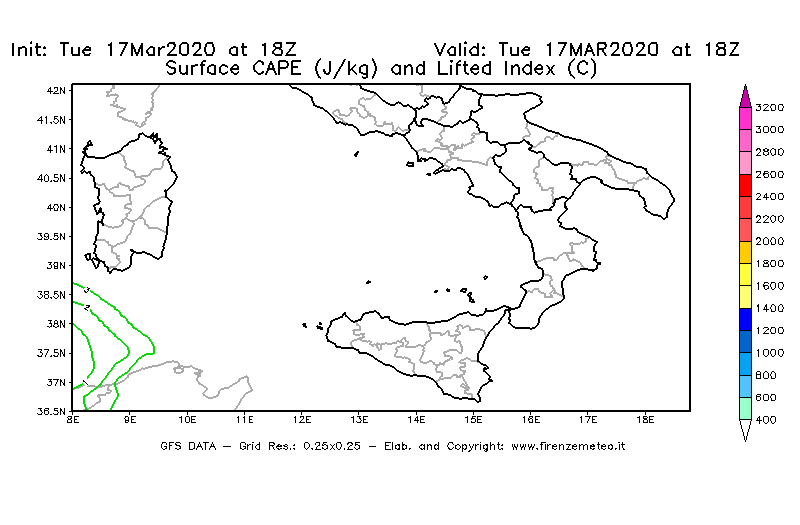 Mappa di analisi GFS - CAPE [J/kg] e Lifted Index [°C] in Sud-Italia
							del 17/03/2020 18 <!--googleoff: index-->UTC<!--googleon: index-->