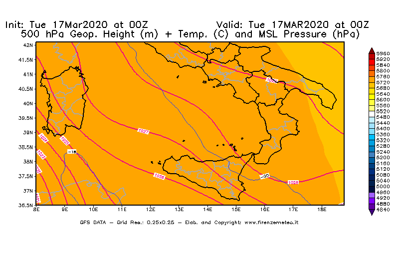 Mappa di analisi GFS - Geopotenziale [m] + Temp. [°C] a 500 hPa + Press. a livello del mare [hPa] in Sud-Italia
							del 17/03/2020 00 <!--googleoff: index-->UTC<!--googleon: index-->