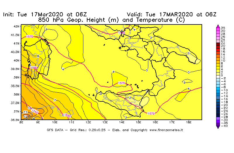 Mappa di analisi GFS - Geopotenziale [m] e Temperatura [°C] a 850 hPa in Sud-Italia
							del 17/03/2020 06 <!--googleoff: index-->UTC<!--googleon: index-->