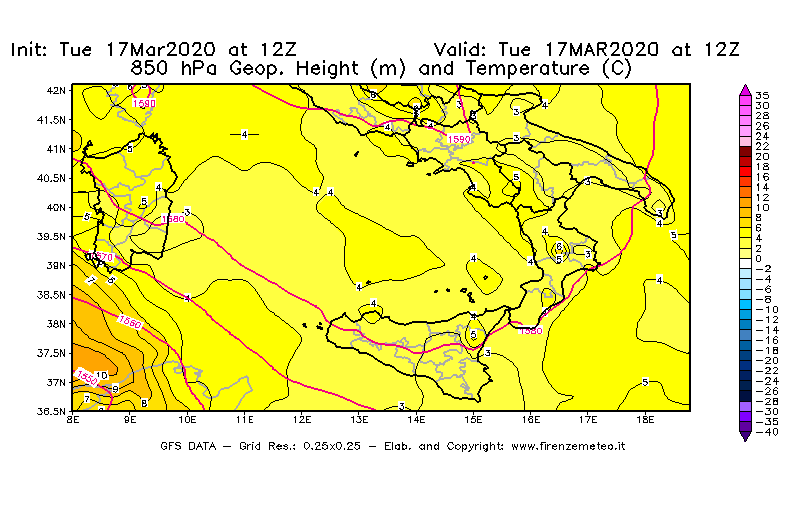 Mappa di analisi GFS - Geopotenziale [m] e Temperatura [°C] a 850 hPa in Sud-Italia
							del 17/03/2020 12 <!--googleoff: index-->UTC<!--googleon: index-->