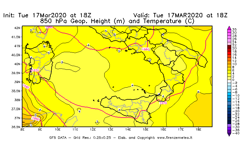 Mappa di analisi GFS - Geopotenziale [m] e Temperatura [°C] a 850 hPa in Sud-Italia
							del 17/03/2020 18 <!--googleoff: index-->UTC<!--googleon: index-->