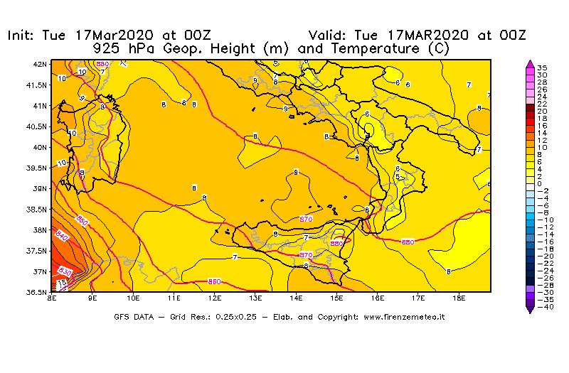Mappa di analisi GFS - Geopotenziale [m] e Temperatura [°C] a 925 hPa in Sud-Italia
							del 17/03/2020 00 <!--googleoff: index-->UTC<!--googleon: index-->