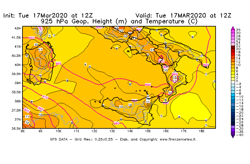 Mappa di analisi GFS - Geopotenziale [m] e Temperatura [°C] a 925 hPa in Sud-Italia
							del 17/03/2020 12 <!--googleoff: index-->UTC<!--googleon: index-->