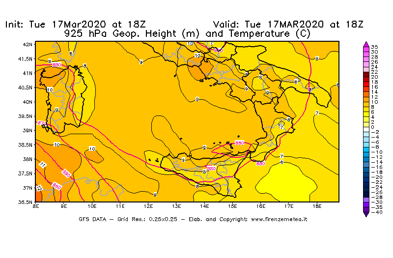 Mappa di analisi GFS - Geopotenziale [m] e Temperatura [°C] a 925 hPa in Sud-Italia
							del 17/03/2020 18 <!--googleoff: index-->UTC<!--googleon: index-->