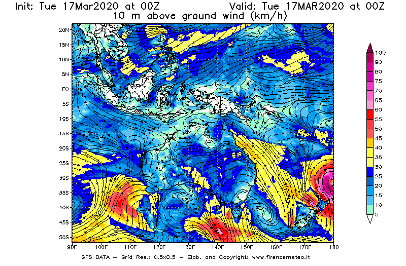 Mappa di analisi GFS - Velocità del vento a 10 metri dal suolo [km/h] in Oceania
							del 17/03/2020 00 <!--googleoff: index-->UTC<!--googleon: index-->