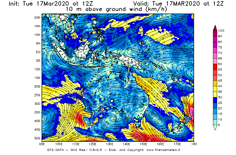 Mappa di analisi GFS - Velocità del vento a 10 metri dal suolo [km/h] in Oceania
							del 17/03/2020 12 <!--googleoff: index-->UTC<!--googleon: index-->