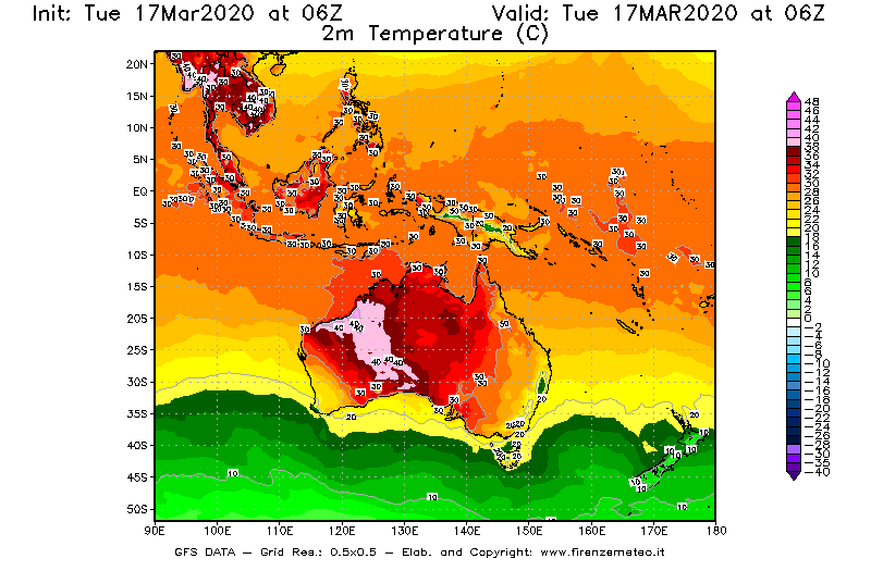 Mappa di analisi GFS - Temperatura a 2 metri dal suolo [°C] in Oceania
							del 17/03/2020 06 <!--googleoff: index-->UTC<!--googleon: index-->