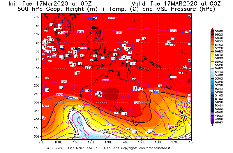 Mappa di analisi GFS - Geopotenziale [m] + Temp. [°C] a 500 hPa + Press. a livello del mare [hPa] in Oceania
							del 17/03/2020 00 <!--googleoff: index-->UTC<!--googleon: index-->