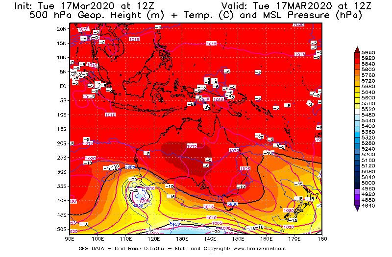 Mappa di analisi GFS - Geopotenziale [m] + Temp. [°C] a 500 hPa + Press. a livello del mare [hPa] in Oceania
							del 17/03/2020 12 <!--googleoff: index-->UTC<!--googleon: index-->