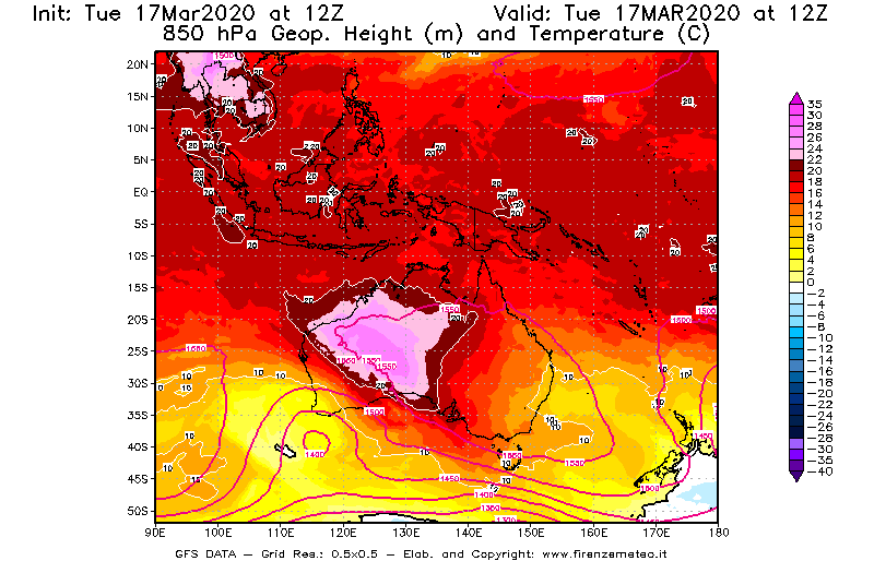 Mappa di analisi GFS - Geopotenziale [m] e Temperatura [°C] a 850 hPa in Oceania
							del 17/03/2020 12 <!--googleoff: index-->UTC<!--googleon: index-->