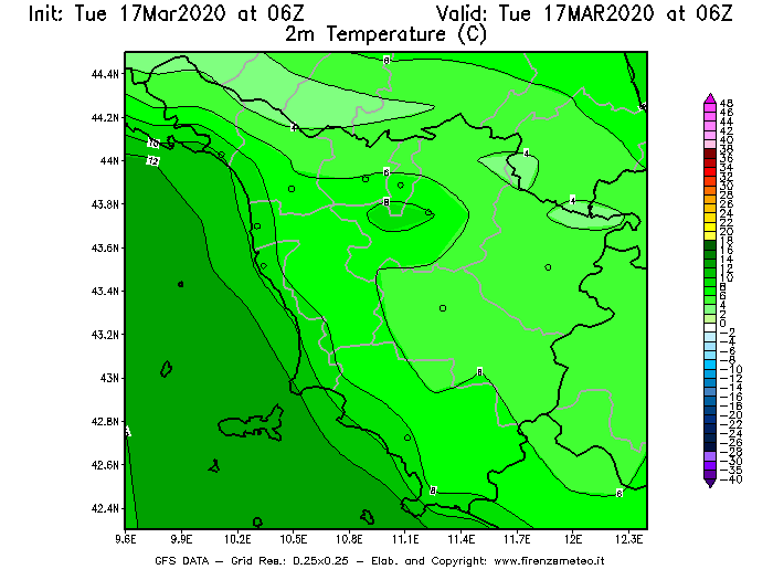 Mappa di analisi GFS - Temperatura a 2 metri dal suolo [°C] in Toscana
							del 17/03/2020 06 <!--googleoff: index-->UTC<!--googleon: index-->