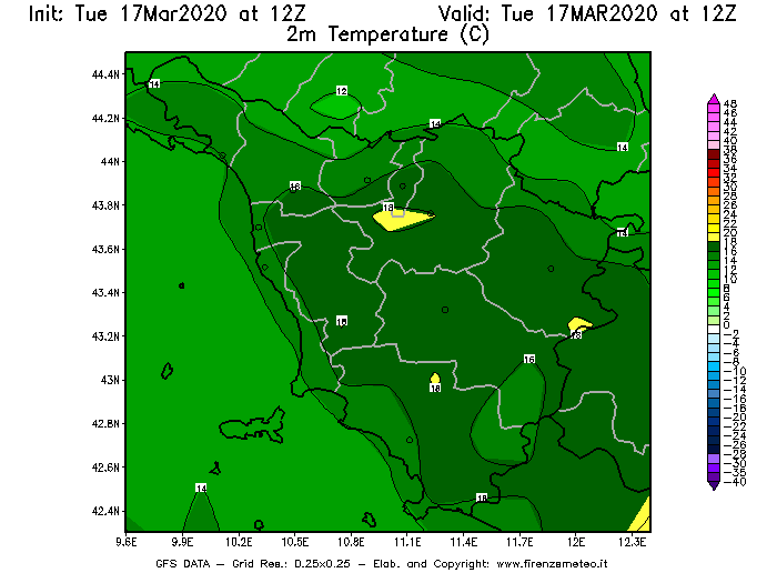 Mappa di analisi GFS - Temperatura a 2 metri dal suolo [°C] in Toscana
							del 17/03/2020 12 <!--googleoff: index-->UTC<!--googleon: index-->