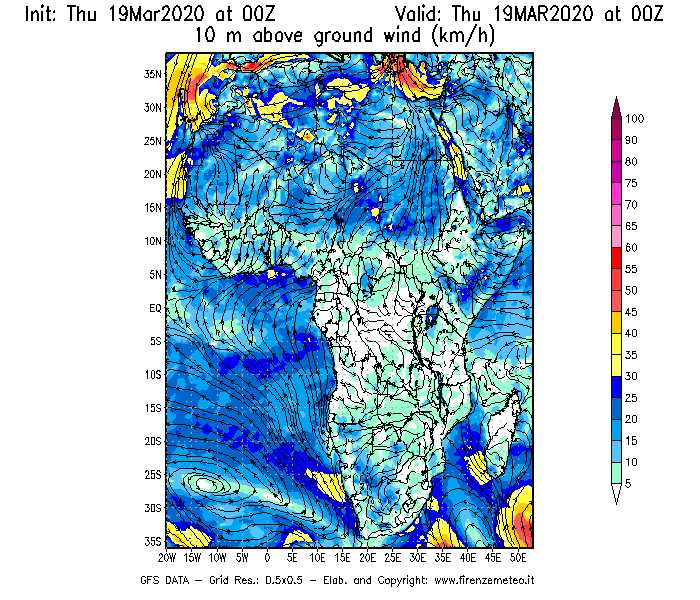Mappa di analisi GFS - Velocità del vento a 10 metri dal suolo [km/h] in Africa
							del 19/03/2020 00 <!--googleoff: index-->UTC<!--googleon: index-->