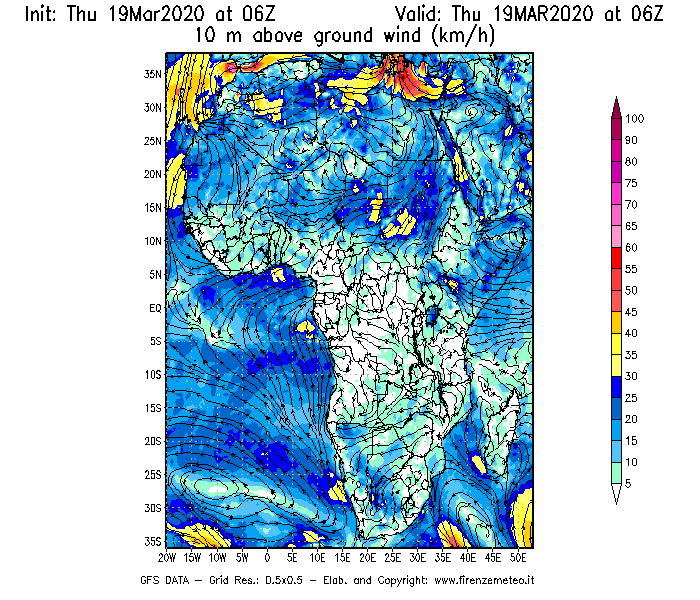 Mappa di analisi GFS - Velocità del vento a 10 metri dal suolo [km/h] in Africa
							del 19/03/2020 06 <!--googleoff: index-->UTC<!--googleon: index-->