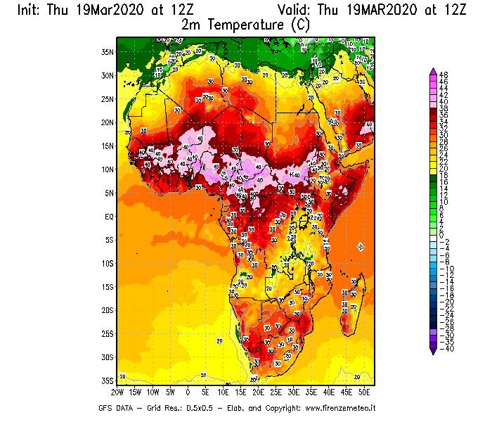 Mappa di analisi GFS - Temperatura a 2 metri dal suolo [°C] in Africa
							del 19/03/2020 12 <!--googleoff: index-->UTC<!--googleon: index-->