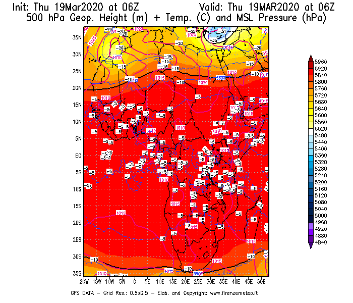 Mappa di analisi GFS - Geopotenziale [m] + Temp. [°C] a 500 hPa + Press. a livello del mare [hPa] in Africa
							del 19/03/2020 06 <!--googleoff: index-->UTC<!--googleon: index-->