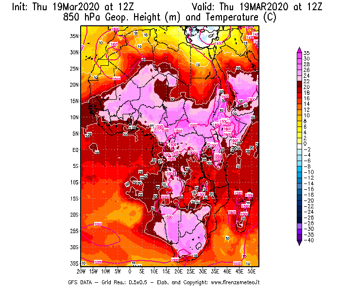 Mappa di analisi GFS - Geopotenziale [m] e Temperatura [°C] a 850 hPa in Africa
							del 19/03/2020 12 <!--googleoff: index-->UTC<!--googleon: index-->