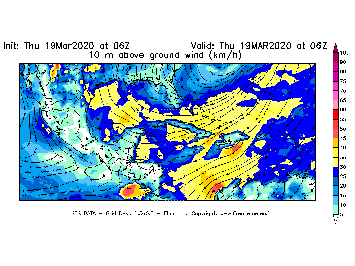 Mappa di analisi GFS - Velocità del vento a 10 metri dal suolo [km/h] in Centro-America
							del 19/03/2020 06 <!--googleoff: index-->UTC<!--googleon: index-->