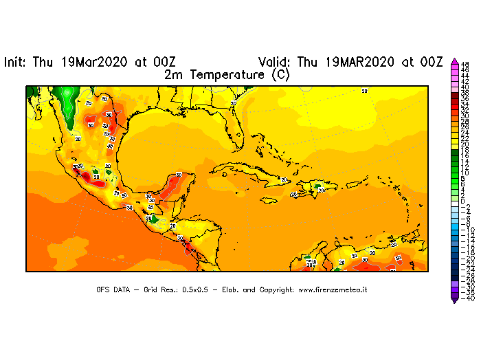Mappa di analisi GFS - Temperatura a 2 metri dal suolo [°C] in Centro-America
							del 19/03/2020 00 <!--googleoff: index-->UTC<!--googleon: index-->