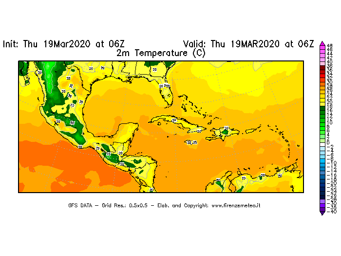 Mappa di analisi GFS - Temperatura a 2 metri dal suolo [°C] in Centro-America
							del 19/03/2020 06 <!--googleoff: index-->UTC<!--googleon: index-->