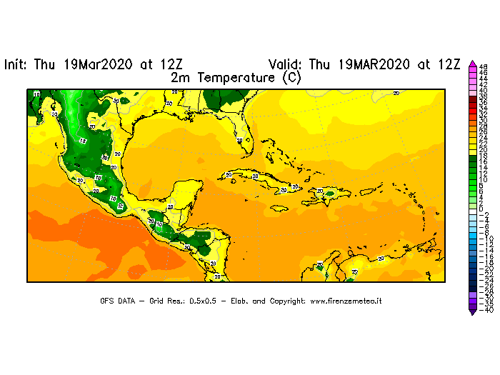 Mappa di analisi GFS - Temperatura a 2 metri dal suolo [°C] in Centro-America
							del 19/03/2020 12 <!--googleoff: index-->UTC<!--googleon: index-->