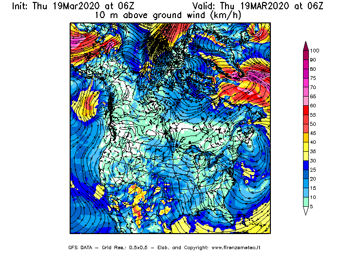 Mappa di analisi GFS - Velocità del vento a 10 metri dal suolo [km/h] in Nord-America
							del 19/03/2020 06 <!--googleoff: index-->UTC<!--googleon: index-->
