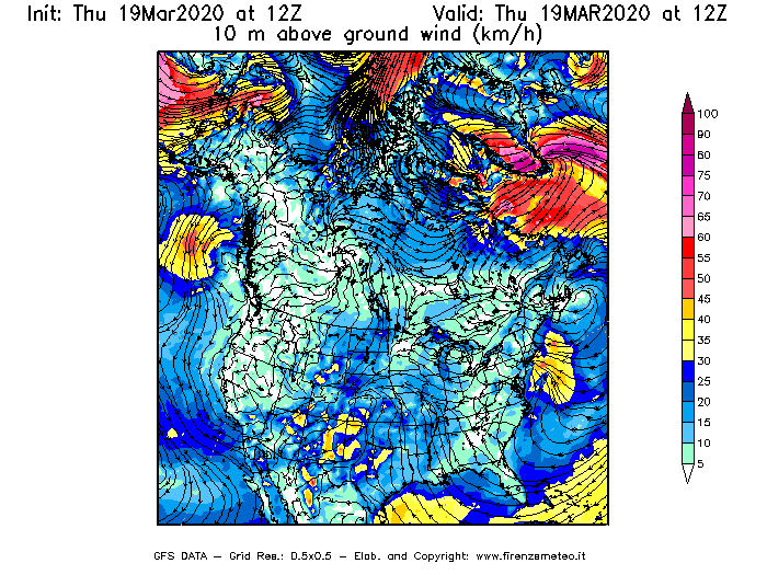 Mappa di analisi GFS - Velocità del vento a 10 metri dal suolo [km/h] in Nord-America
							del 19/03/2020 12 <!--googleoff: index-->UTC<!--googleon: index-->