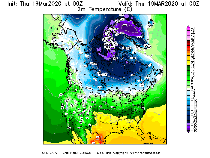 Mappa di analisi GFS - Temperatura a 2 metri dal suolo [°C] in Nord-America
							del 19/03/2020 00 <!--googleoff: index-->UTC<!--googleon: index-->