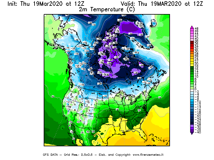 Mappa di analisi GFS - Temperatura a 2 metri dal suolo [°C] in Nord-America
							del 19/03/2020 12 <!--googleoff: index-->UTC<!--googleon: index-->