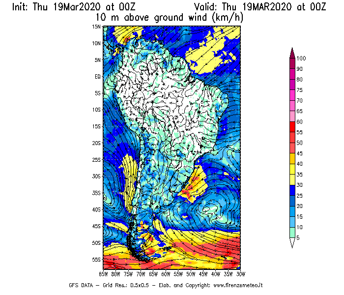 Mappa di analisi GFS - Velocità del vento a 10 metri dal suolo [km/h] in Sud-America
							del 19/03/2020 00 <!--googleoff: index-->UTC<!--googleon: index-->