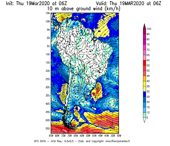 Mappa di analisi GFS - Velocità del vento a 10 metri dal suolo [km/h] in Sud-America
							del 19/03/2020 06 <!--googleoff: index-->UTC<!--googleon: index-->